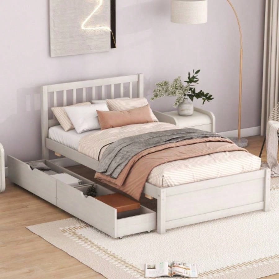 Modern Design Wooden Twin Size Platform Bed with 2 Drawers White Washed Color