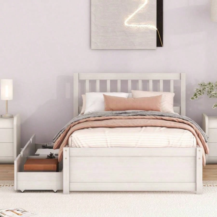 Modern Design Wooden Twin Size Platform Bed with 2 Drawers White Washed Color