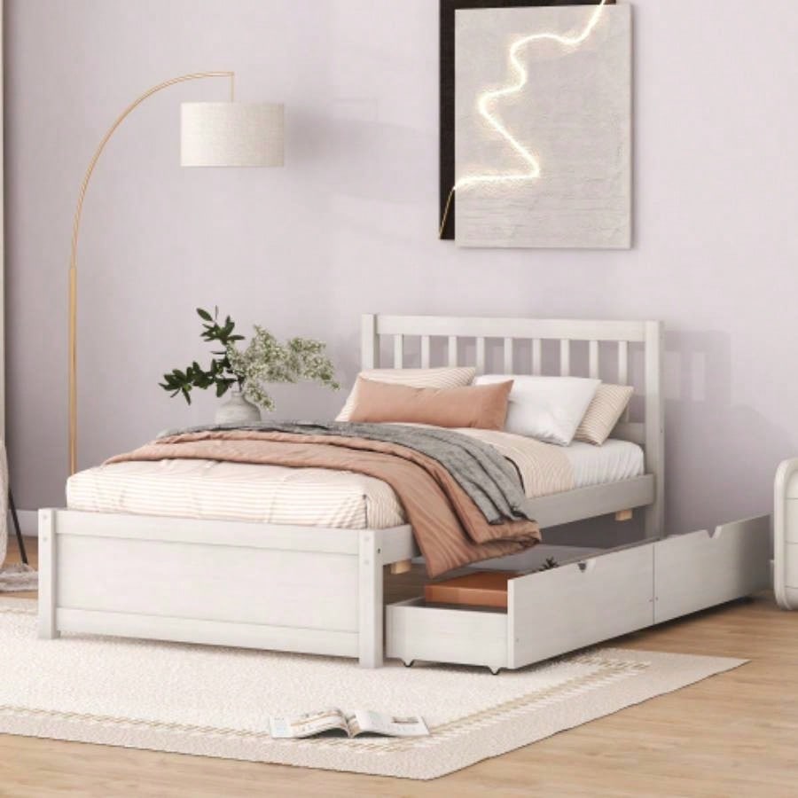 Modern Design Wooden Twin Size Platform Bed with 2 Drawers White Washed Color