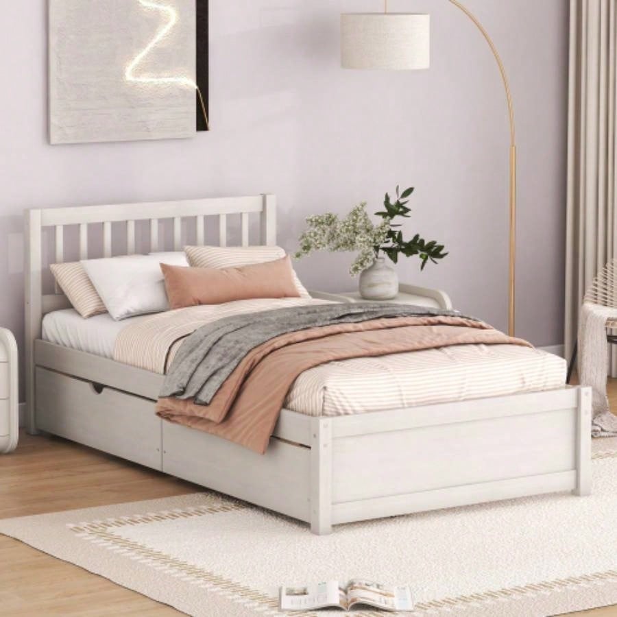 Modern Design Wooden Twin Size Platform Bed with 2 Drawers White Washed Color