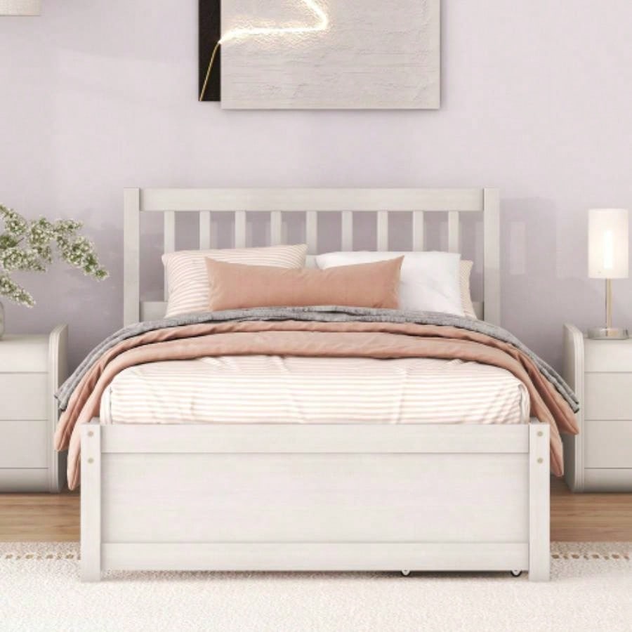 Modern Design Wooden Twin Size Platform Bed with 2 Drawers White Washed Color