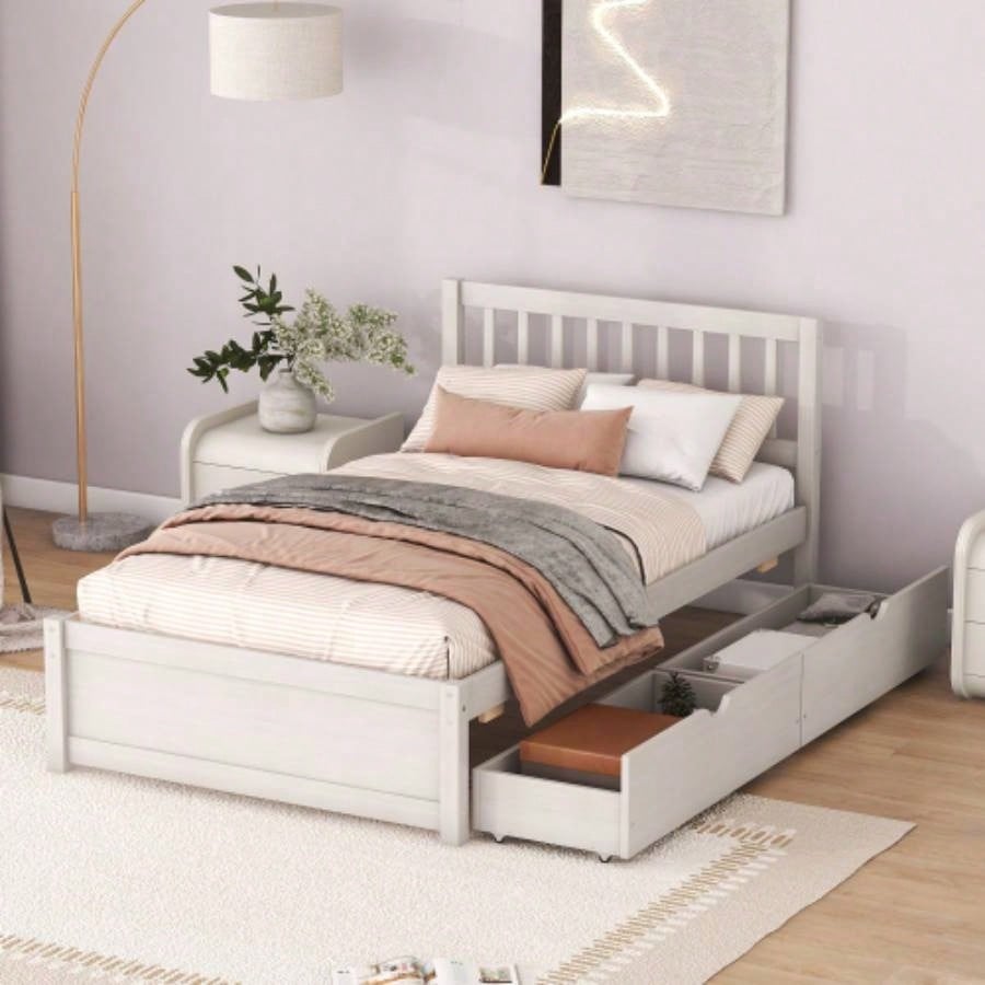 Modern Design Wooden Twin Size Platform Bed with 2 Drawers White Washed Color