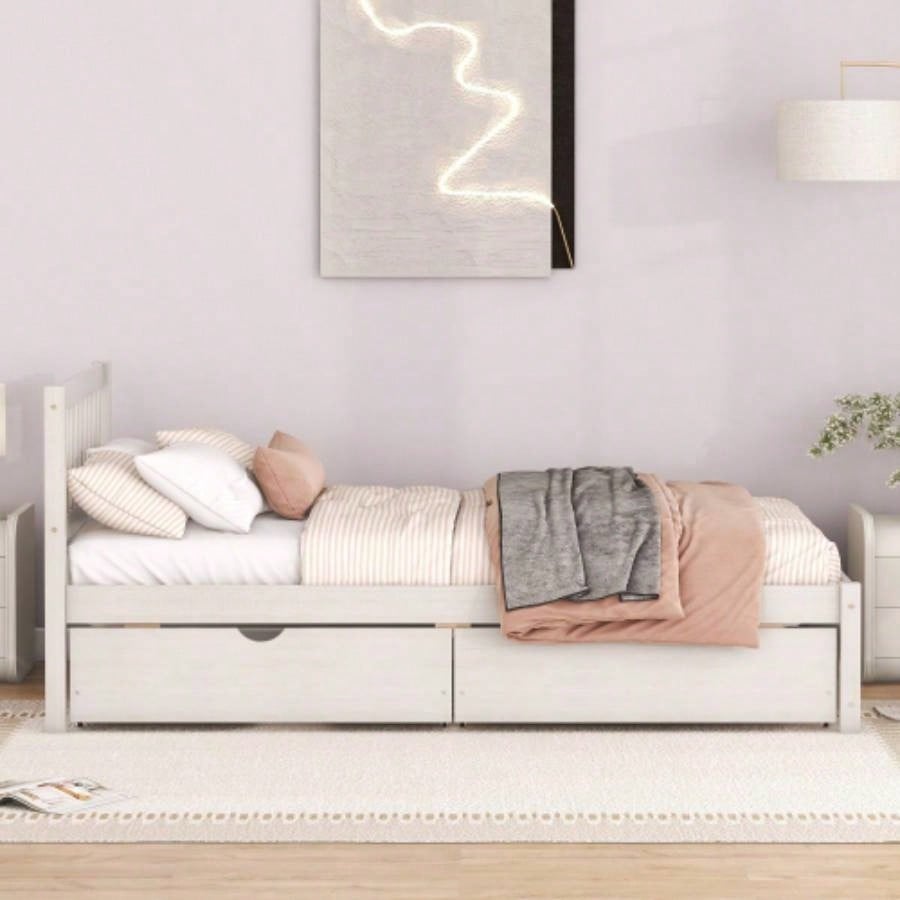 Modern Design Wooden Twin Size Platform Bed with 2 Drawers White Washed Color