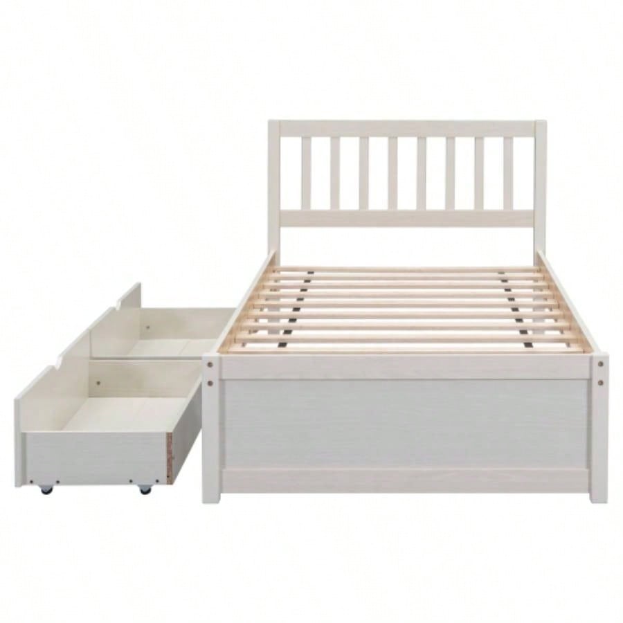 Modern Design Wooden Twin Size Platform Bed with 2 Drawers White Washed Color