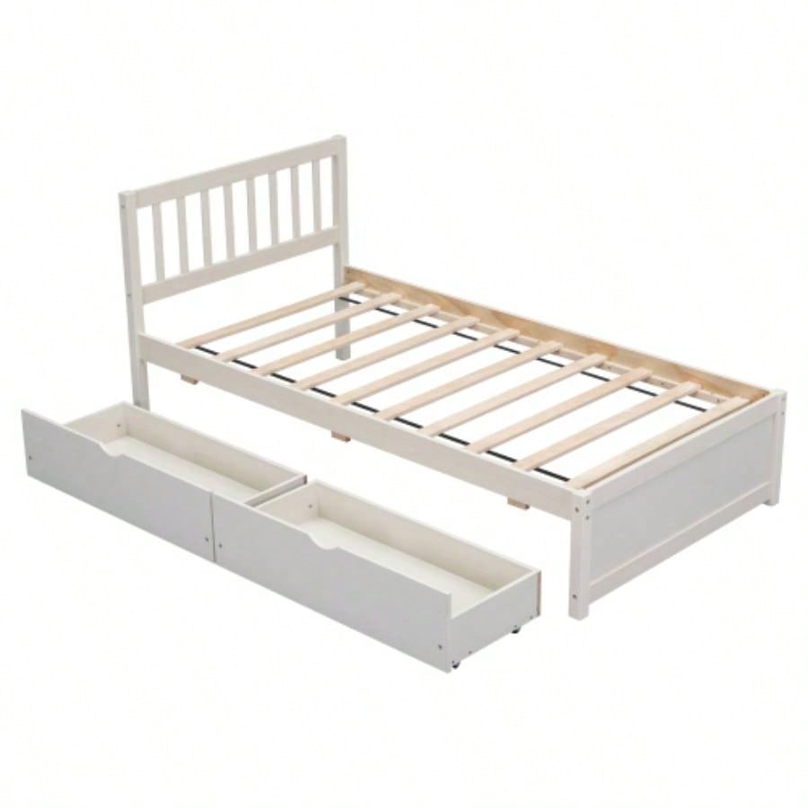 Modern Design Wooden Twin Size Platform Bed with 2 Drawers White Washed Color