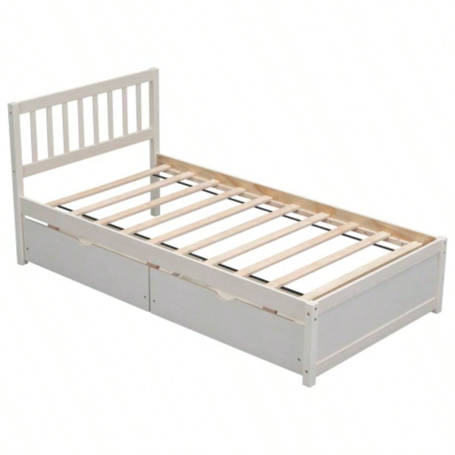 Modern Design Wooden Twin Size Platform Bed with 2 Drawers White Washed Color