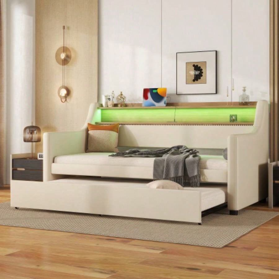 Twin Size Daybed with Trundle, Upholstered Daybed with Charging Station and LED Lights, Beige Expect arrive date: May 20th.