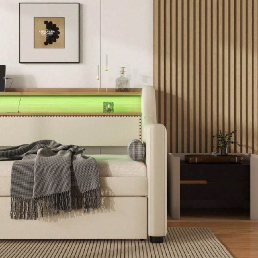 Twin Size Daybed with Trundle, Upholstered Daybed with Charging Station and LED Lights, Beige Expect arrive date: May 20th.