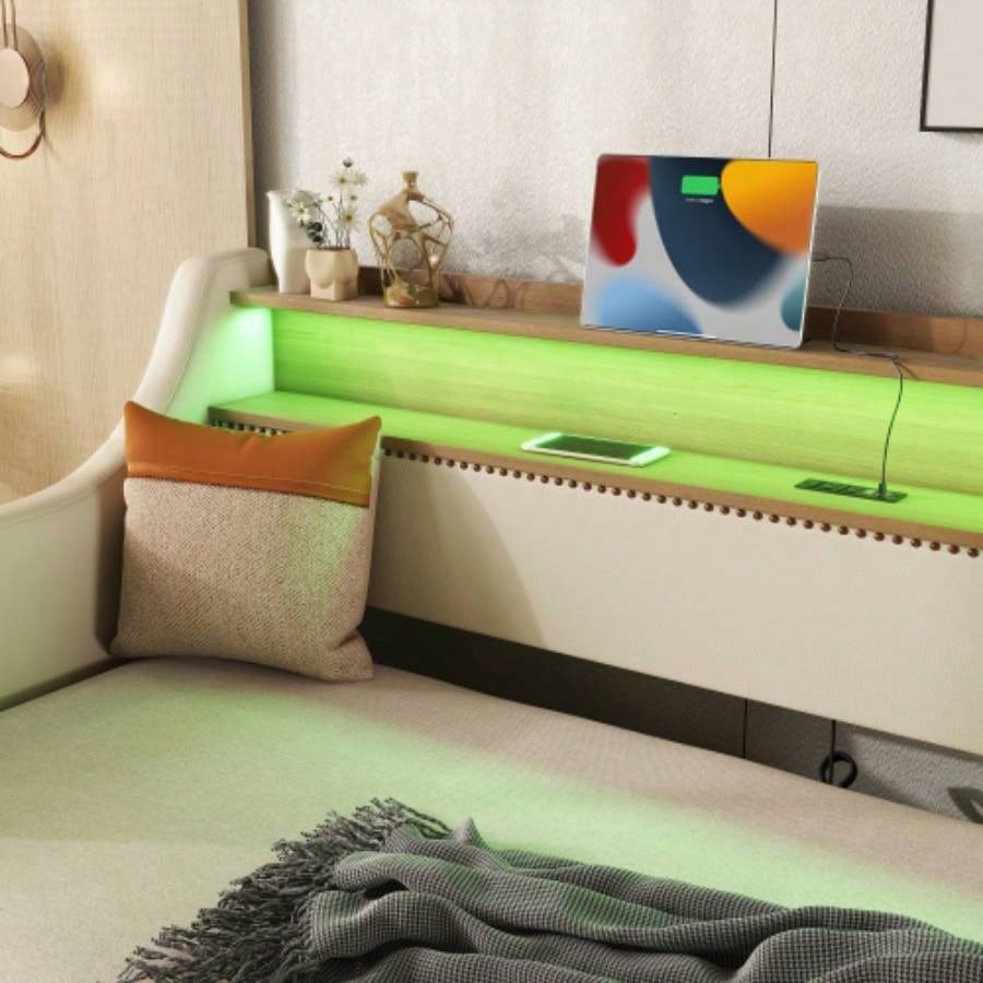 Twin Size Daybed with Trundle, Upholstered Daybed with Charging Station and LED Lights, Beige Expect arrive date: May 20th.