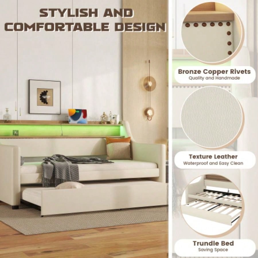 Twin Size Daybed with Trundle, Upholstered Daybed with Charging Station and LED Lights, Beige Expect arrive date: May 20th.