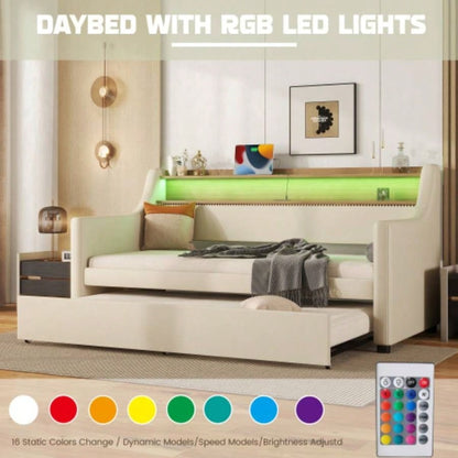 Twin Size Daybed with Trundle, Upholstered Daybed with Charging Station and LED Lights, Beige Expect arrive date: May 20th.