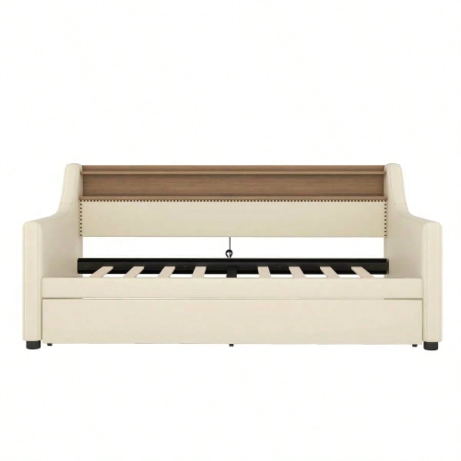 Twin Size Daybed with Trundle, Upholstered Daybed with Charging Station and LED Lights, Beige Expect arrive date: May 20th.