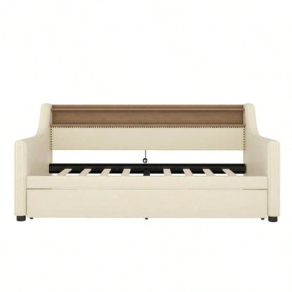 Twin Size Daybed with Trundle, Upholstered Daybed with Charging Station and LED Lights, Beige Expect arrive date: May 20th.