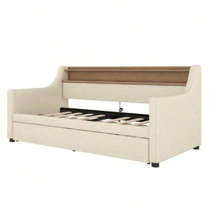 Twin Size Daybed with Trundle, Upholstered Daybed with Charging Station and LED Lights, Beige Expect arrive date: May 20th.