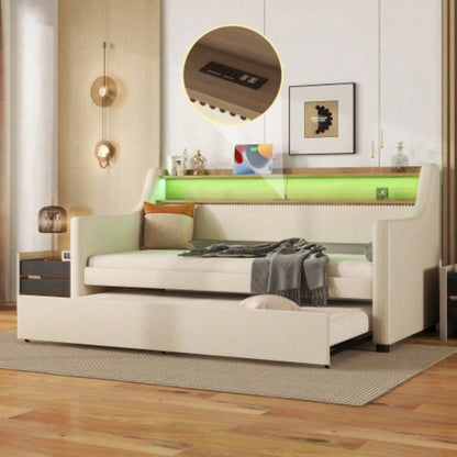 Twin Size Daybed with Trundle, Upholstered Daybed with Charging Station and LED Lights, Beige Expect arrive date: May 20th.