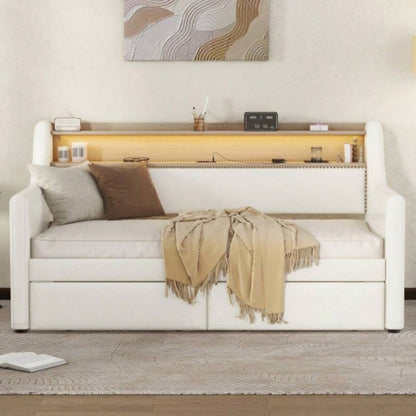 Twin Size Daybed with Trundle, Upholstered Daybed with Charging Station and LED Lights, Beige Expect arrive date: May 20th.