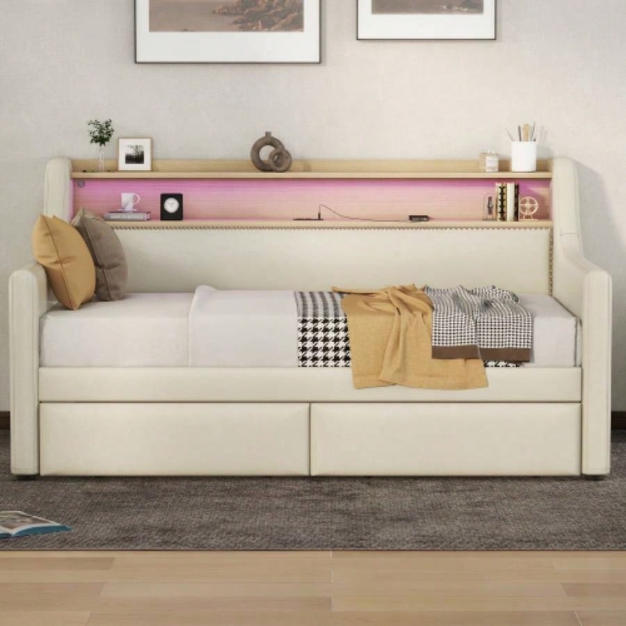 Twin Size Daybed with Storage Drawers, Upholstered Daybed with Charging Station and LED Lights, Beige Expect arrive date: Jun. 20th.