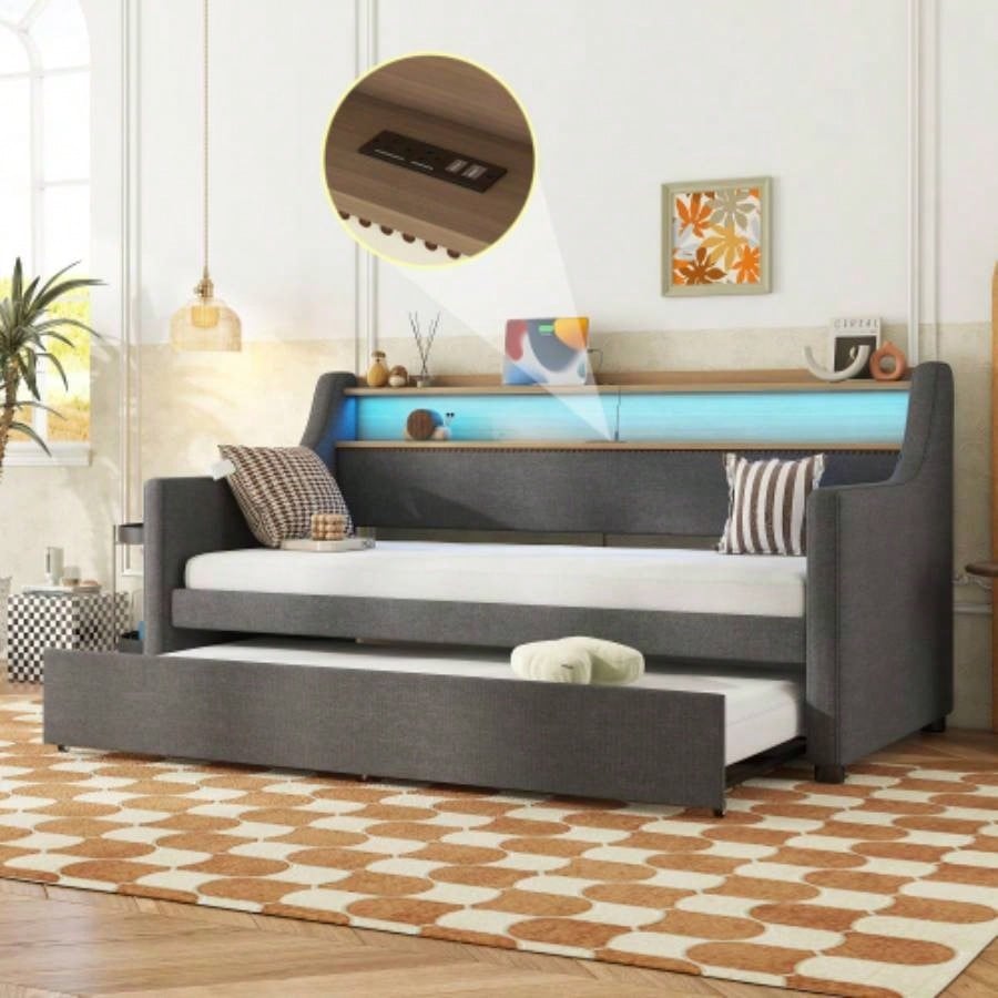Twin Size Daybed with Trundle, Upholstered Daybed with Charging Station and LED Lights, Beige Expect arrive date: May 20th.