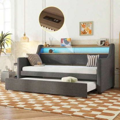 Twin Size Daybed with Trundle, Upholstered Daybed with Charging Station and LED Lights, Beige Expect arrive date: May 20th.