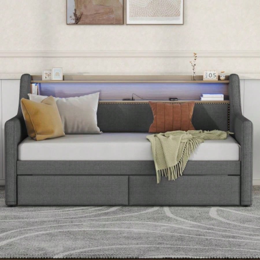 Twin Size Daybed with Trundle, Upholstered Daybed with Charging Station and LED Lights, Beige Expect arrive date: May 20th.