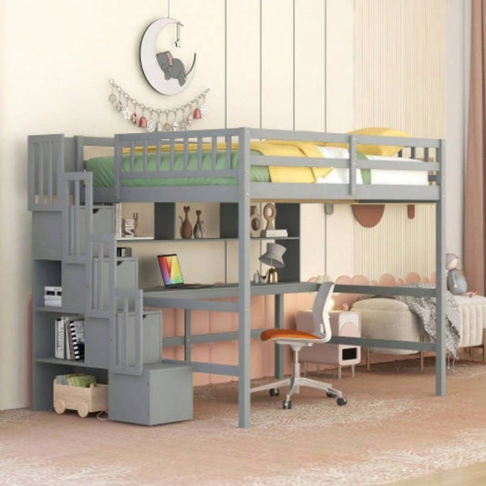 Full Size Loft Bed with Desk, Storage shelves and Staircase,