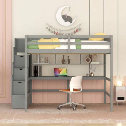 Full Size Loft Bed with Desk, Storage shelves and Staircase,