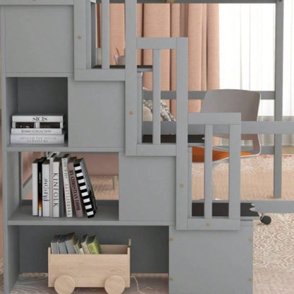 Full Size Loft Bed with Desk, Storage shelves and Staircase,