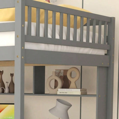 Full Size Loft Bed with Desk, Storage shelves and Staircase,