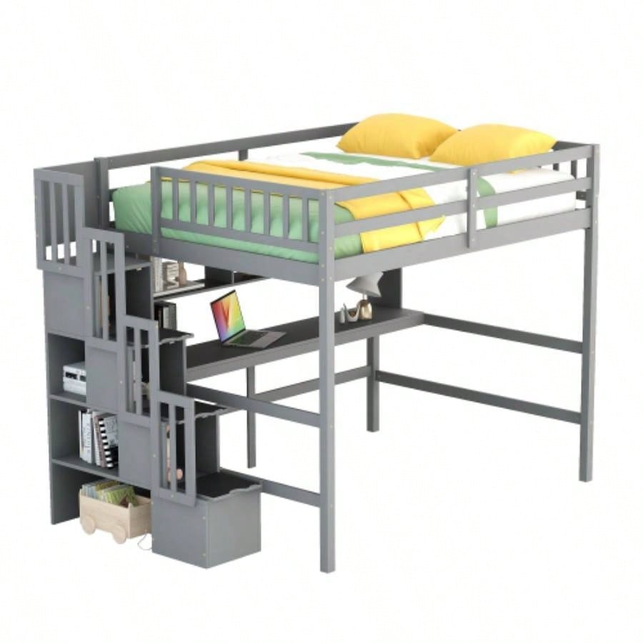 Full Size Loft Bed with Desk, Storage shelves and Staircase,