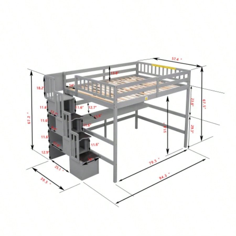Full Size Loft Bed with Desk, Storage shelves and Staircase,