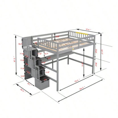 Full Size Loft Bed with Desk, Storage shelves and Staircase,