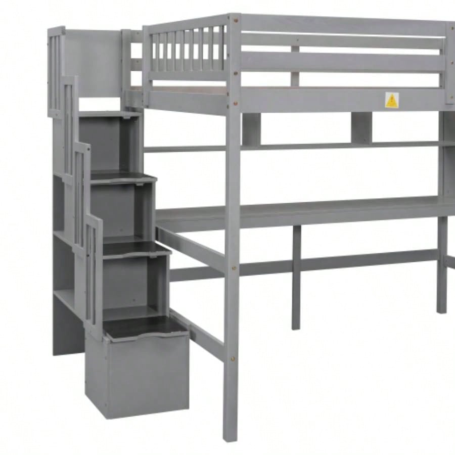 Full Size Loft Bed with Desk, Storage shelves and Staircase,