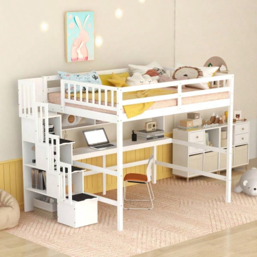 Full Size Loft Bed with Desk, Storage shelves and Staircase,