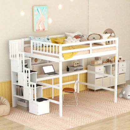 Full Size Loft Bed with Desk, Storage shelves and Staircase,