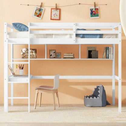Twin Size Loft Bed with desk and shelves, Safety Guardrail and ladder, White