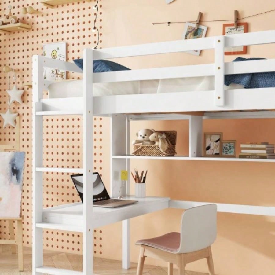 Twin Size Loft Bed with desk and shelves, Safety Guardrail and ladder, White