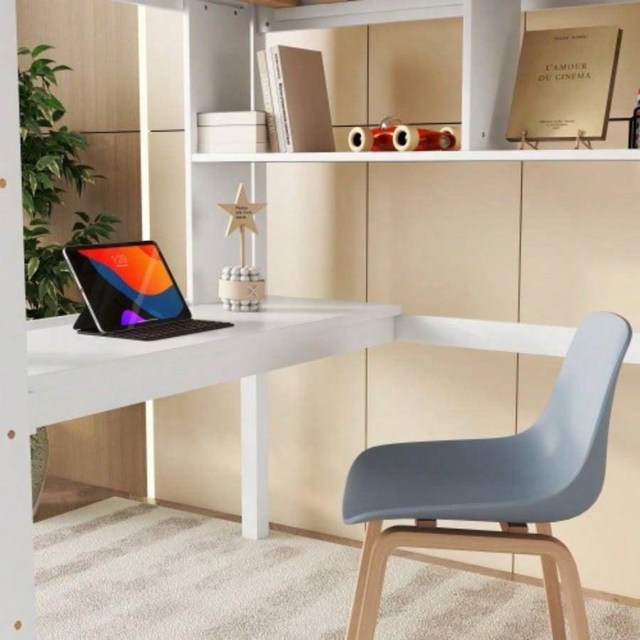Twin Size Loft Bed with desk and shelves, Safety Guardrail and ladder, White