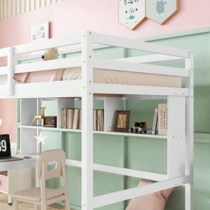 Twin Size Loft Bed with desk and shelves, Safety Guardrail and ladder, White
