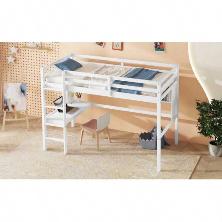 Twin Size Loft Bed with desk and shelves, Safety Guardrail and ladder, White