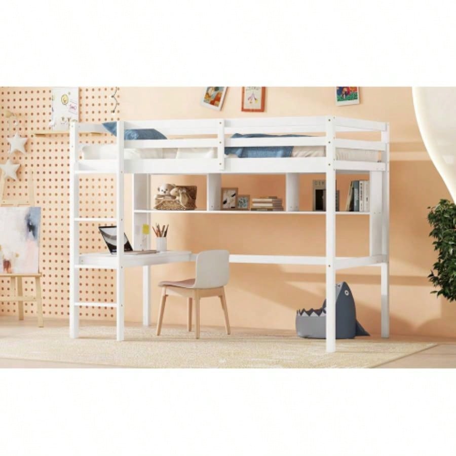 Twin Size Loft Bed with desk and shelves, Safety Guardrail and ladder, White