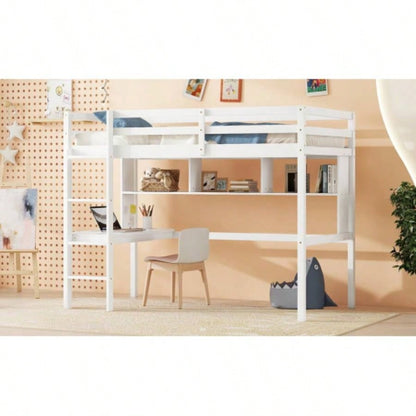 Twin Size Loft Bed with desk and shelves, Safety Guardrail and ladder, White