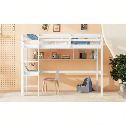 Twin Size Loft Bed with desk and shelves, Safety Guardrail and ladder, White