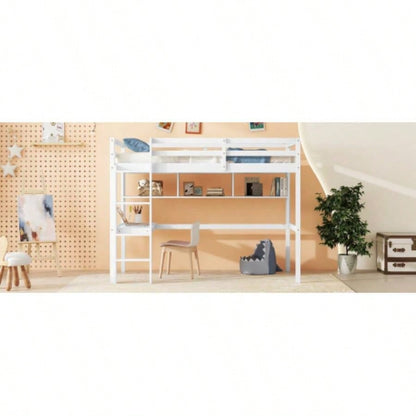 Twin Size Loft Bed with desk and shelves, Safety Guardrail and ladder, White