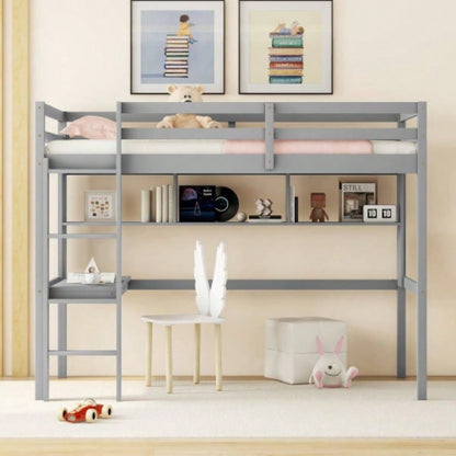 Twin Size Loft Bed with desk and shelves, Safety Guardrail and ladder, White