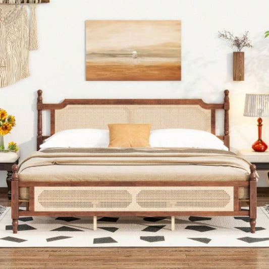 King Pine wooden Bed with Rattan Headboard and Footboard, with Central Enhanced Bed Platform, Walnut