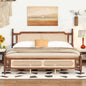 King Pine wooden Bed with Rattan Headboard and Footboard, with Central Enhanced Bed Platform, Walnut