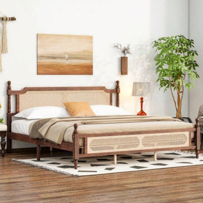 King Pine wooden Bed with Rattan Headboard and Footboard, with Central Enhanced Bed Platform, Walnut