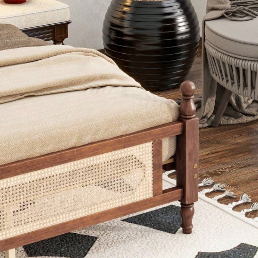 King Pine wooden Bed with Rattan Headboard and Footboard, with Central Enhanced Bed Platform, Walnut