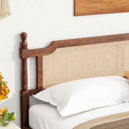 King Pine wooden Bed with Rattan Headboard and Footboard, with Central Enhanced Bed Platform, Walnut