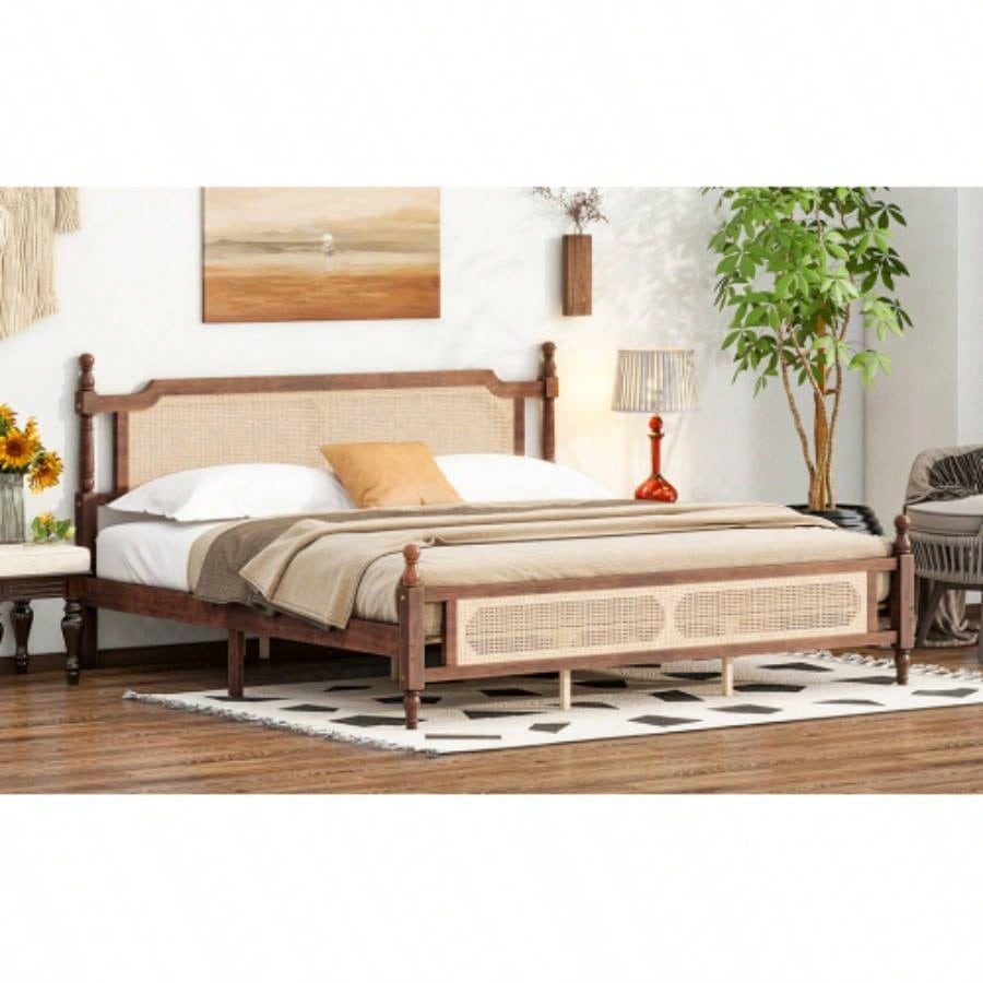 King Pine wooden Bed with Rattan Headboard and Footboard, with Central Enhanced Bed Platform, Walnut